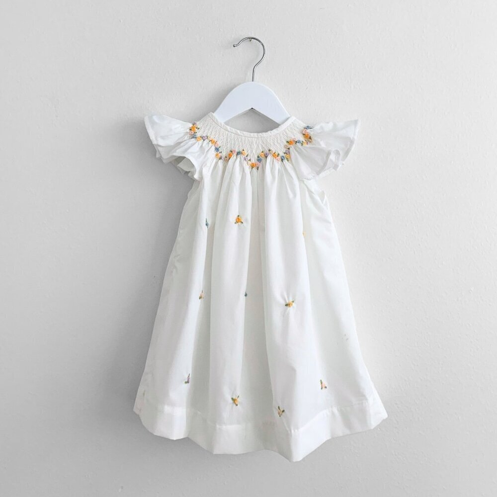 NWT Beautiful Girls Embroidered Smocked Bishop Dress Spring Flowers White 8Y